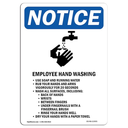 OSHA Notice Sign, Employee Hand Washing With Symbol, 14in X 10in Aluminum